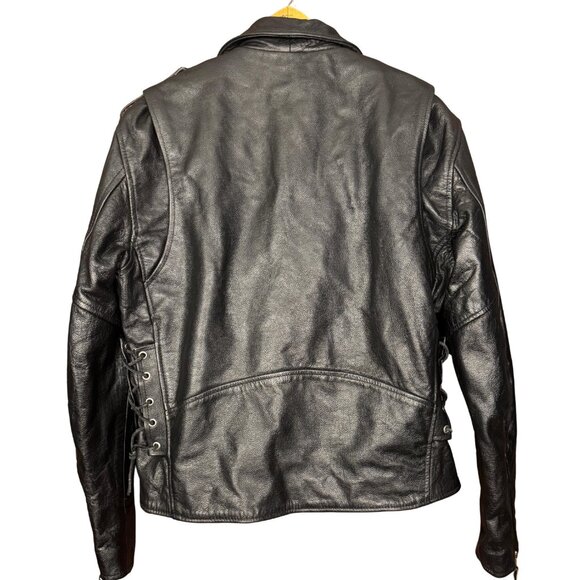 Vintage 90s Black Leather Motorcycle Jacket With Belt Zip Out Liner - Picture 8 of 13